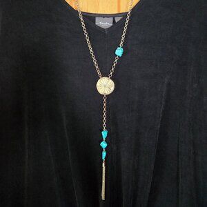 Chico's Brushed Goldtone and Faux Turquoise Reversible Boho Tassel Necklace